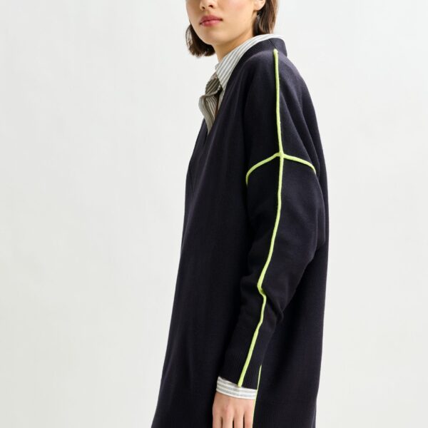 Essentiel Antwerp Navy and green oversized V-neck knit sweater with contrast stripe - Essentiel Antwerp Knitwear - Colorful Belgian Design - Shop at Coveti