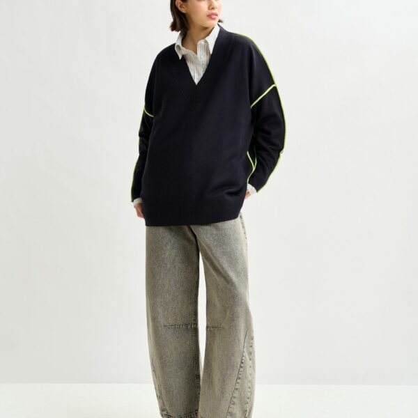 Essentiel Antwerp Navy and green oversized V-neck knit sweater with contrast stripe - Essentiel Antwerp Knitwear - Colorful Belgian Design - Shop at Coveti