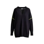 Essentiel Antwerp Navy and green oversized V-neck knit sweater with contrast stripe - Essentiel Antwerp Knitwear - Colorful Belgian Design - Shop at Coveti