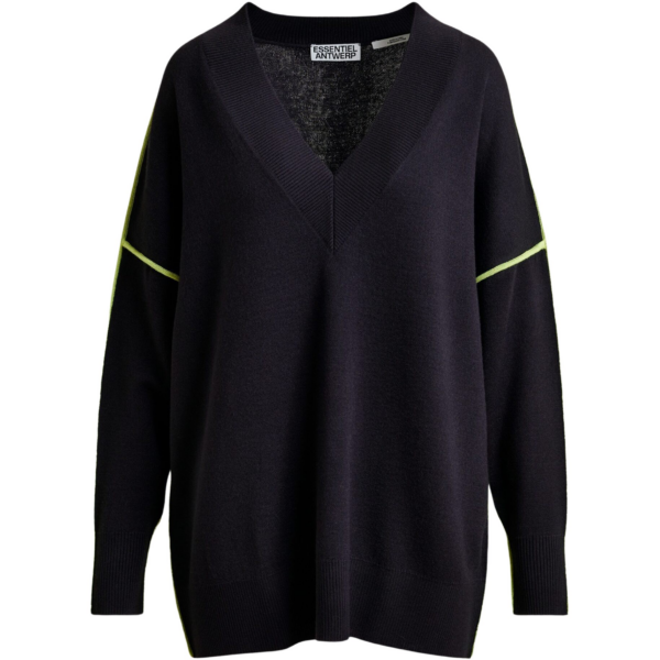 Essentiel Antwerp Navy and green oversized V-neck knit sweater with contrast stripe - Essentiel Antwerp Knitwear - Colorful Belgian Design - Shop at Coveti