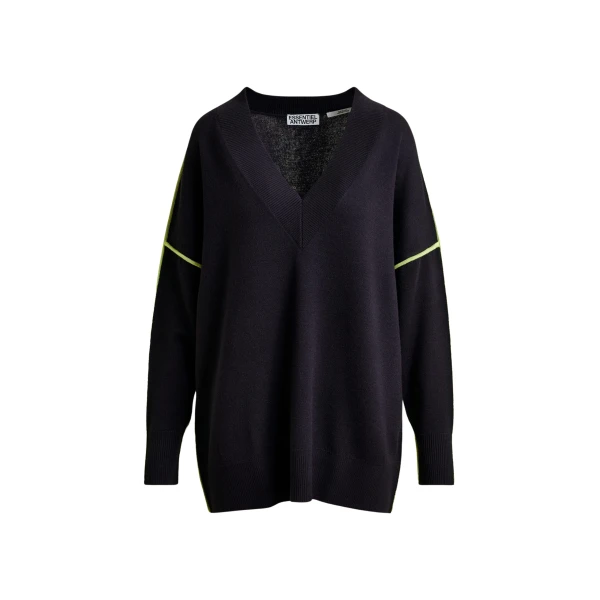 Essentiel Antwerp Navy and green oversized V-neck knit sweater with contrast stripe - Essentiel Antwerp Knitwear - Colorful Belgian Design - Shop at Coveti
