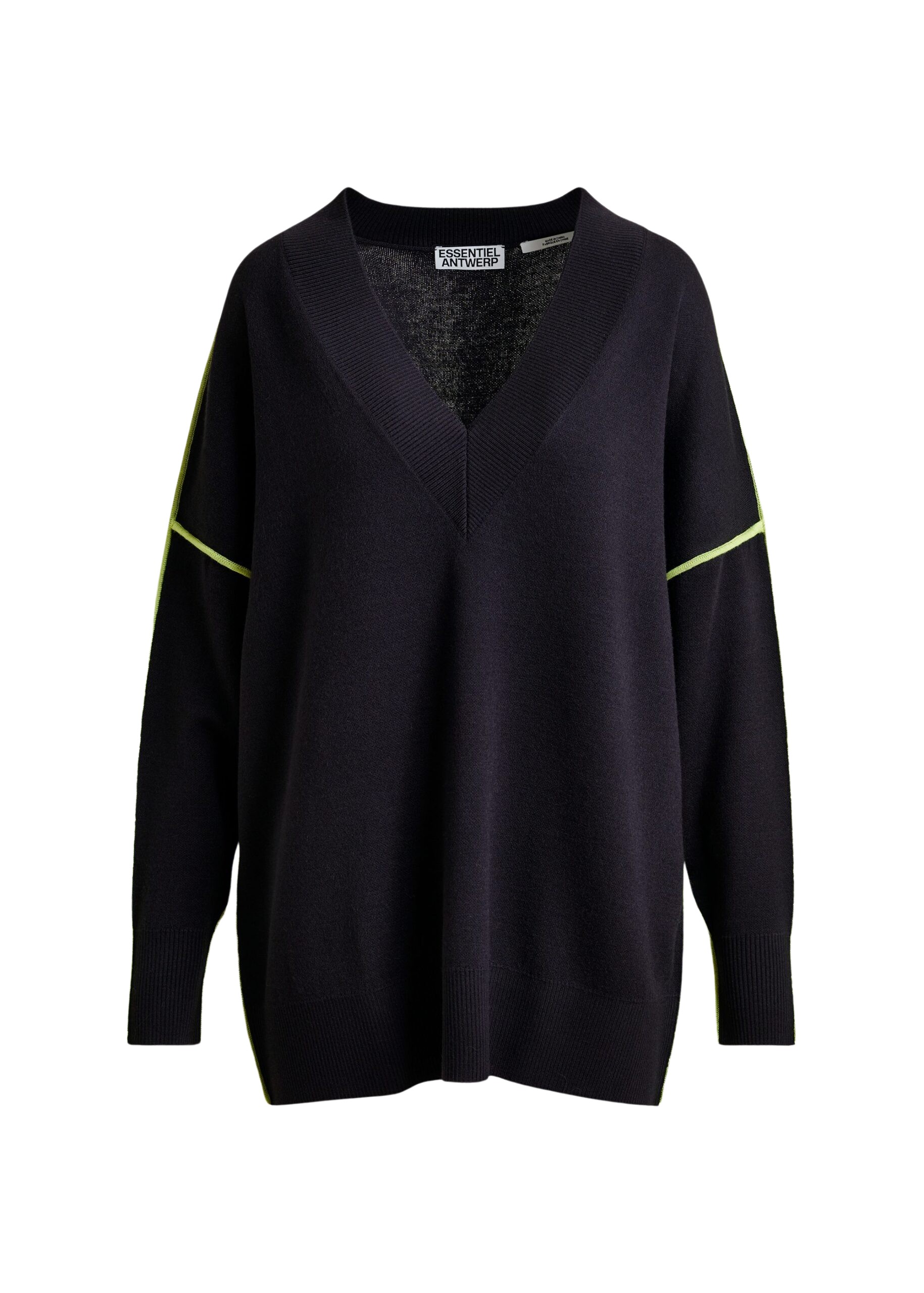 Essentiel Antwerp Navy and green oversized V-neck knit sweater with contrast stripe - Essentiel Antwerp Knitwear - Colorful Belgian Design - Shop at Coveti