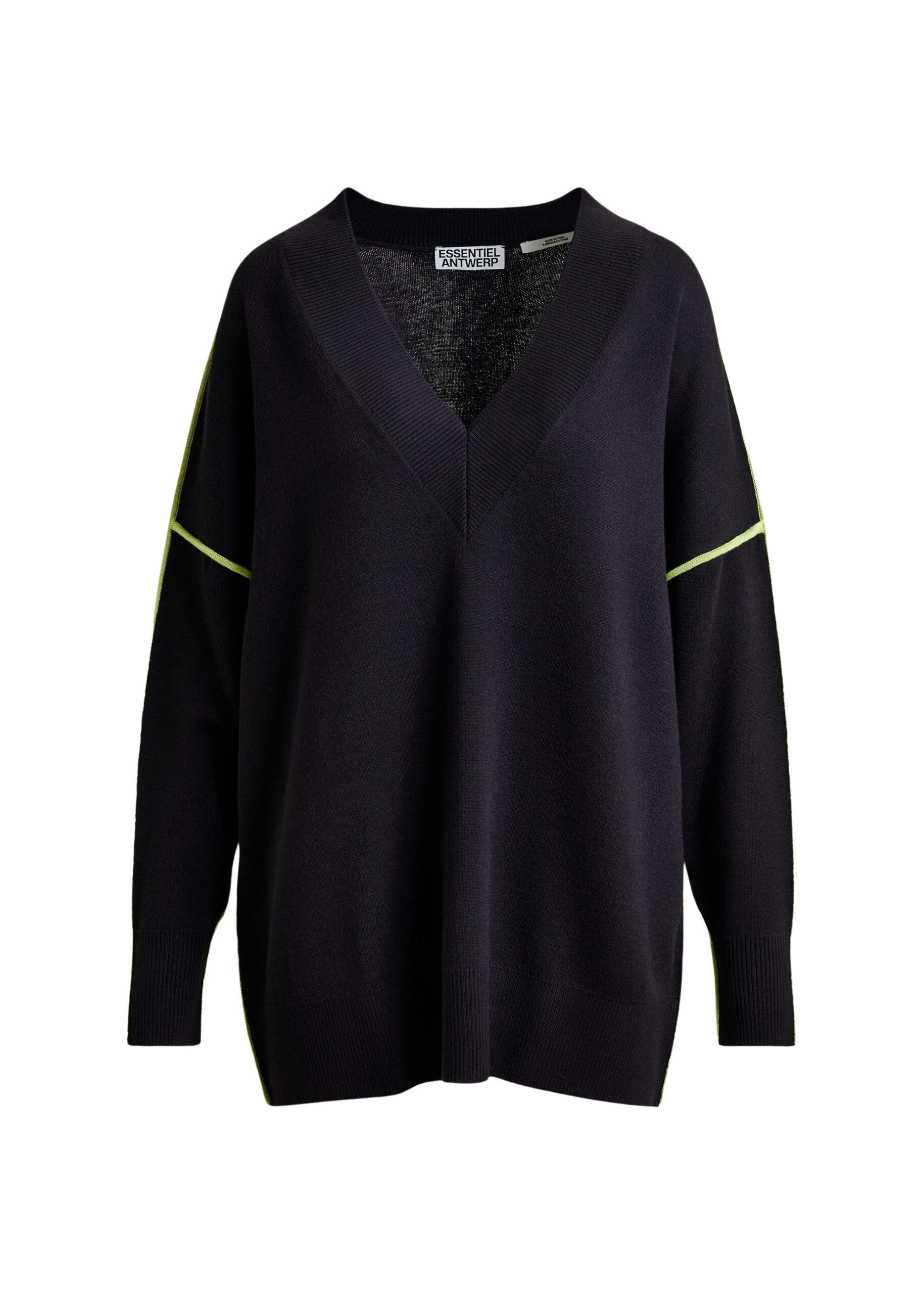 Navy-and-green-oversized-V-neck-knit-sweater-with-contrast-stripe-Essentiel-Antwerp-Knitwear-scaled87572_nobg Essentiel Antwerp Navy and green oversized V-neck knit sweater with contrast stripe - Essentiel Antwerp Knitwear - Colorful Belgian Design - Shop at Coveti