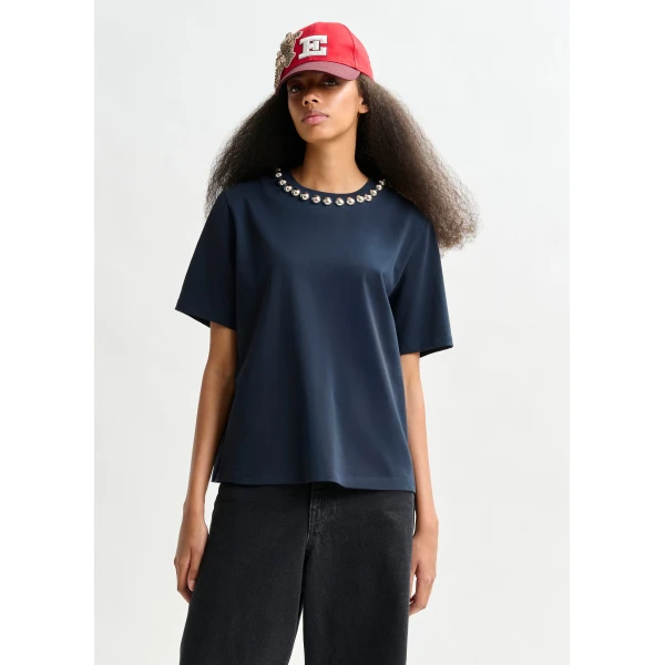 Essentiel Antwerp Navy and silver cotton T-shirt with metallic pearl-style embellishments Top, view 2