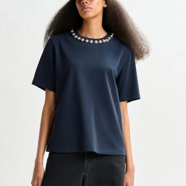 Essentiel Antwerp Navy and silver cotton T-shirt with metallic pearl-style embellishments - Essentiel Antwerp Shirts - Colorful Belgian Design - Shop at Coveti