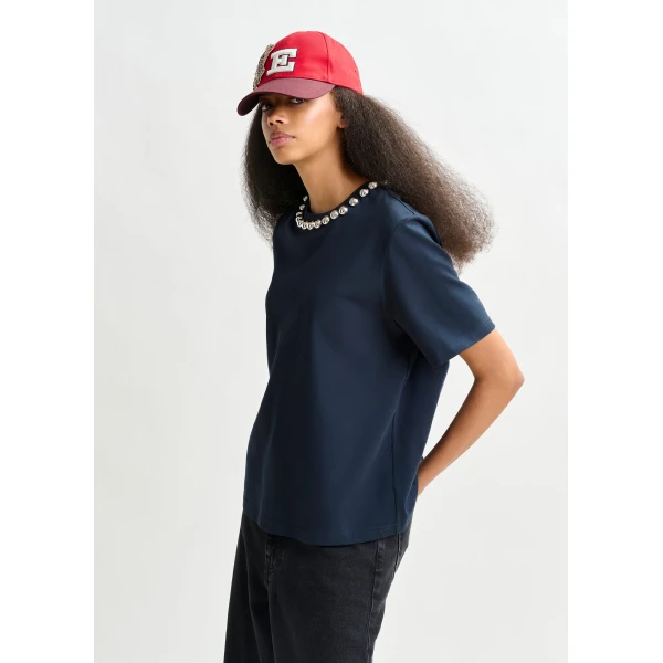 Essentiel Antwerp Navy and silver cotton T-shirt with metallic pearl-style embellishments Top, view 3