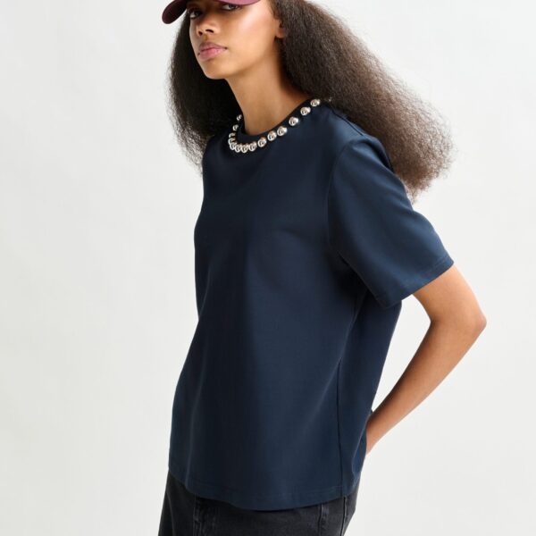 Essentiel Antwerp Navy and silver cotton T-shirt with metallic pearl-style embellishments - Essentiel Antwerp Shirts - Colorful Belgian Design - Shop at Coveti
