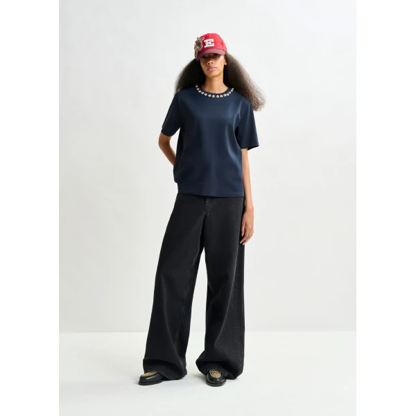 Essentiel Antwerp Navy and silver cotton T-shirt with metallic pearl-style embellishments Top, view 5