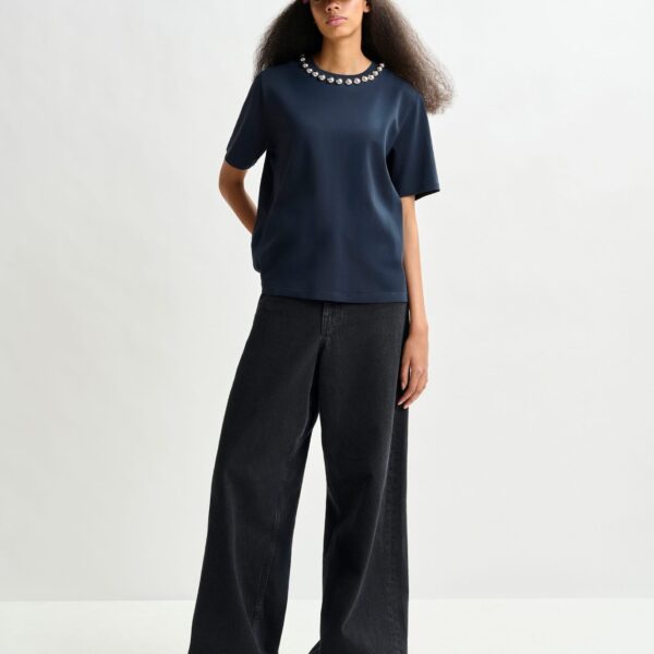 Essentiel Antwerp Navy and silver cotton T-shirt with metallic pearl-style embellishments - Essentiel Antwerp Shirts - Colorful Belgian Design - Shop at Coveti
