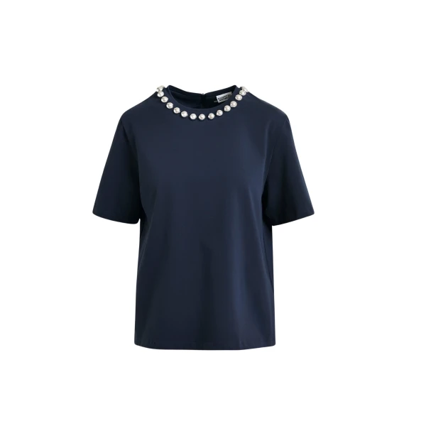 Essentiel Antwerp Navy and silver cotton T-shirt with metallic pearl-style embellishments - Essentiel Antwerp Shirts - Colorful Belgian Design - Shop at Coveti
