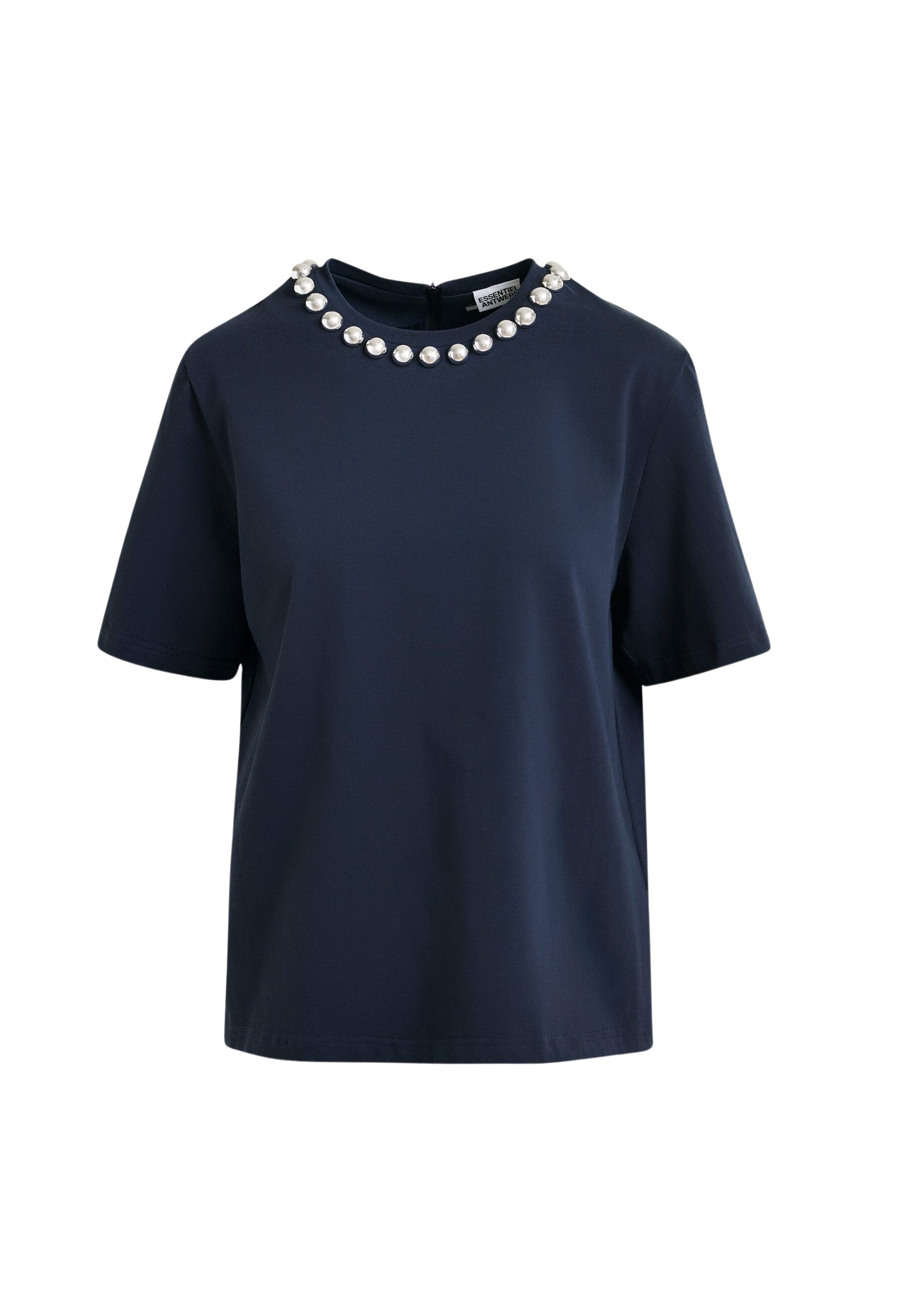 Essentiel Antwerp Navy and silver cotton T-shirt with metallic pearl-style embellishments - Essentiel Antwerp Shirts - Colorful Belgian Design - Shop at Coveti