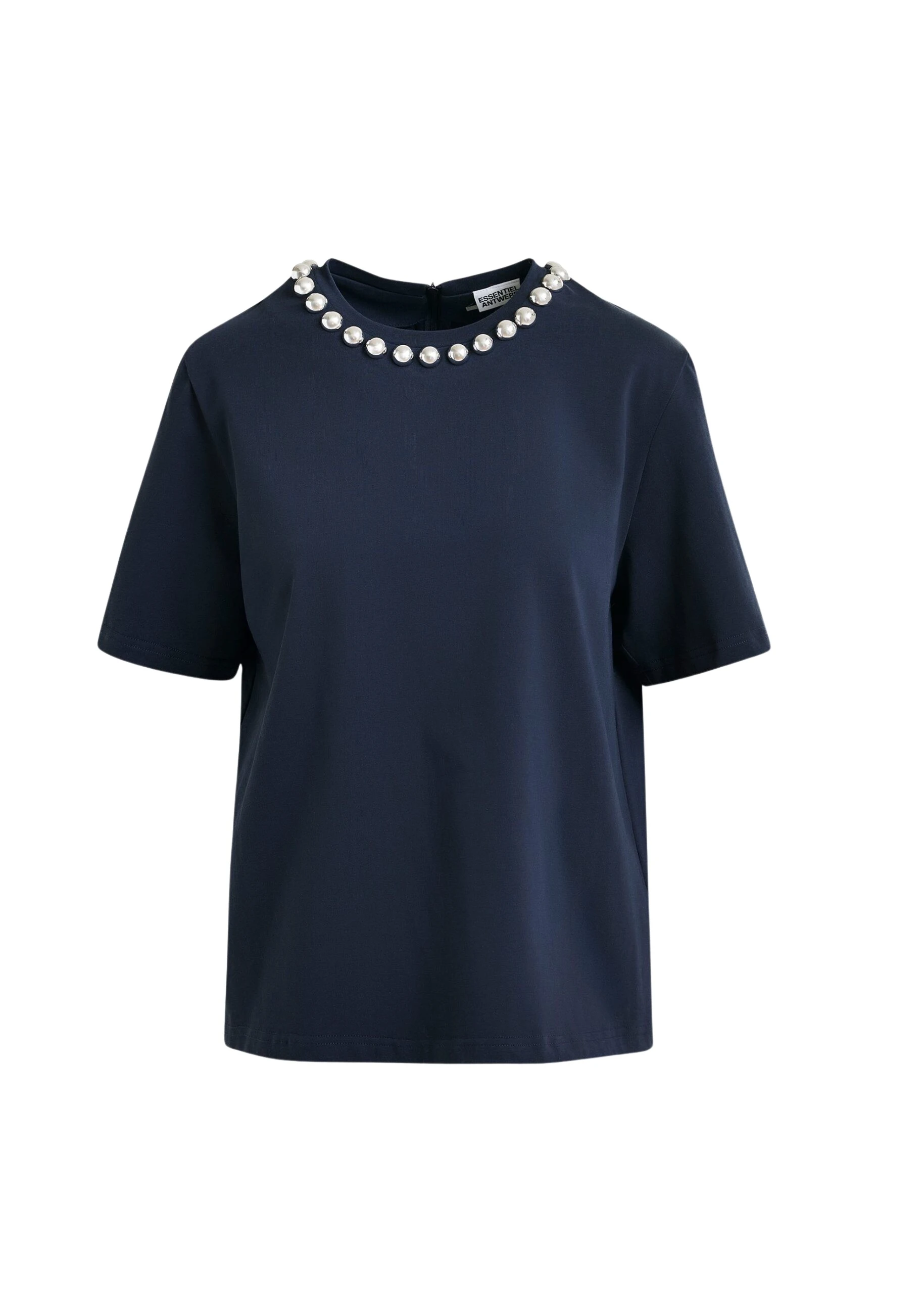 Navy-and-silver-cotton-T-shirt-with-metallic-pearl-style-embellishments-Essentiel-Antwerp-Shirts-scaled80674_nobg Essentiel Antwerp Navy and silver cotton T-shirt with metallic pearl-style embellishments - Essentiel Antwerp Shirts - Colorful Belgian Design - Shop at Coveti
