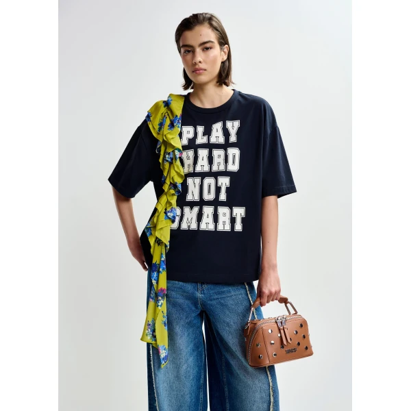 Essentiel Antwerp Navy and white printed cotton T-shirt with green cascading frills Top, view 2