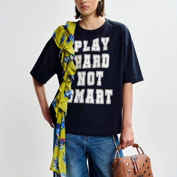 Essentiel Antwerp Navy and white printed cotton T-shirt with green cascading frills - Essentiel Antwerp Shirts - Colorful Belgian Design - Shop at Coveti