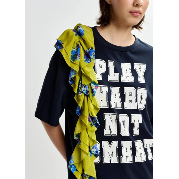 Essentiel Antwerp Navy and white printed cotton T-shirt with green cascading frills Top, view 3