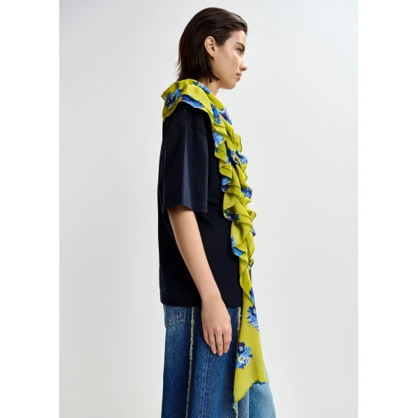 Essentiel Antwerp Navy and white printed cotton T-shirt with green cascading frills Top, view 4