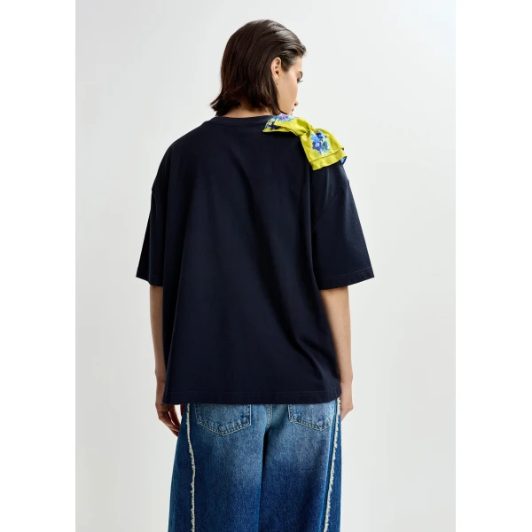 Essentiel Antwerp Navy and white printed cotton T-shirt with green cascading frills Top, view 5