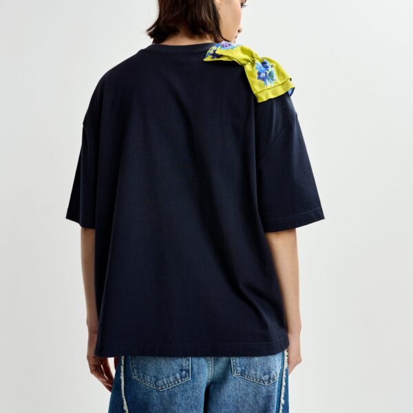 Essentiel Antwerp Navy and white printed cotton T-shirt with green cascading frills - Essentiel Antwerp Shirts - Colorful Belgian Design - Shop at Coveti