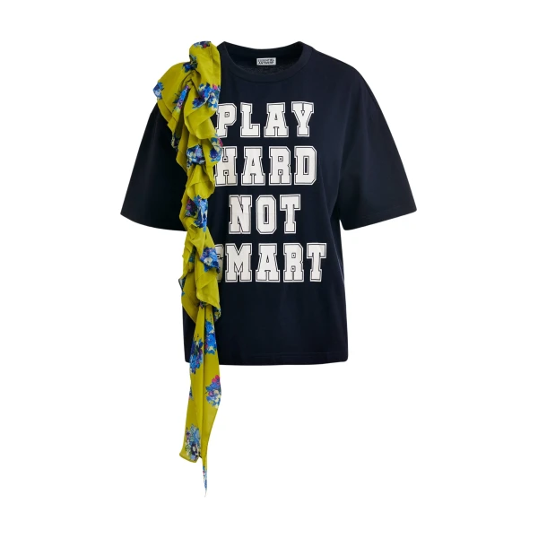 Essentiel Antwerp Navy and white printed cotton T-shirt with green cascading frills - Essentiel Antwerp Shirts - Colorful Belgian Design - Shop at Coveti