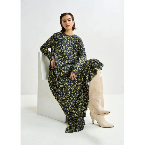 Essentiel Antwerp Navy and yellow asymmetrical floral midi dress, view 2