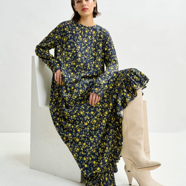 Essentiel Antwerp Navy and yellow asymmetrical floral midi dress - Essentiel Antwerp Dresses - Colorful Belgian Design - Shop at Coveti