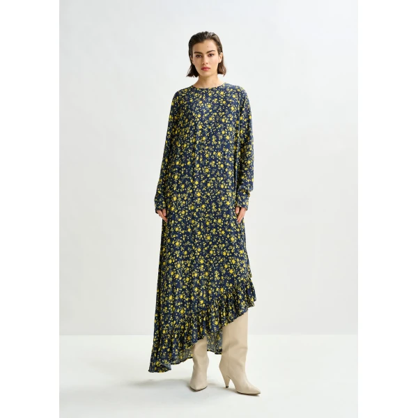 Essentiel Antwerp Navy and yellow asymmetrical floral midi dress, view 3