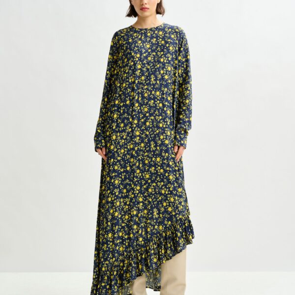 Essentiel Antwerp Navy and yellow asymmetrical floral midi dress - Essentiel Antwerp Dresses - Colorful Belgian Design - Shop at Coveti