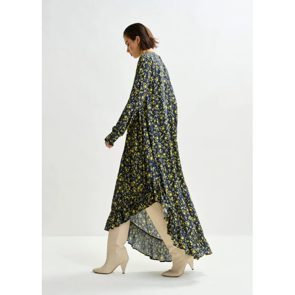 Essentiel Antwerp Navy and yellow asymmetrical floral midi dress, view 4