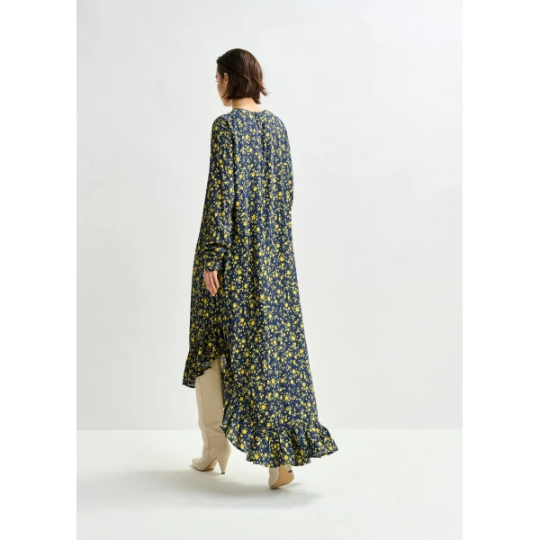 Essentiel Antwerp Navy and yellow asymmetrical floral midi dress, view 5
