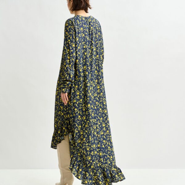 Essentiel Antwerp Navy and yellow asymmetrical floral midi dress - Essentiel Antwerp Dresses - Colorful Belgian Design - Shop at Coveti