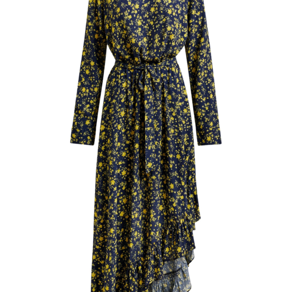 Essentiel Antwerp Navy and yellow asymmetrical floral midi dress - Essentiel Antwerp Dresses - Colorful Belgian Design - Shop at Coveti