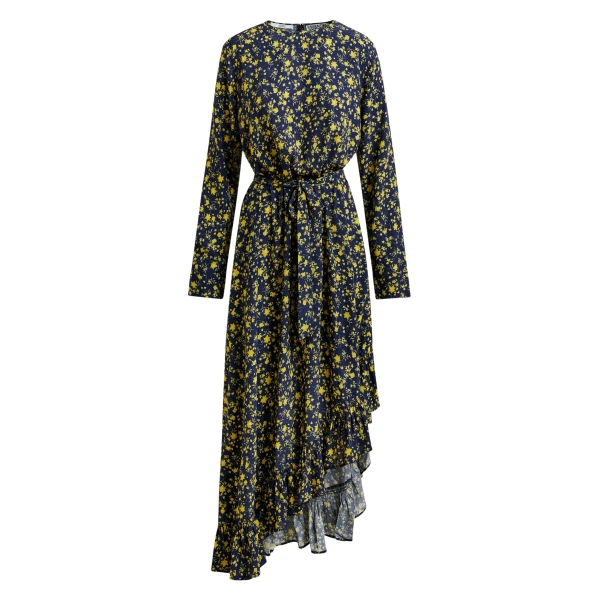 Essentiel Antwerp Navy and yellow asymmetrical floral midi dress - Essentiel Antwerp Dresses - Colorful Belgian Design - Shop at Coveti