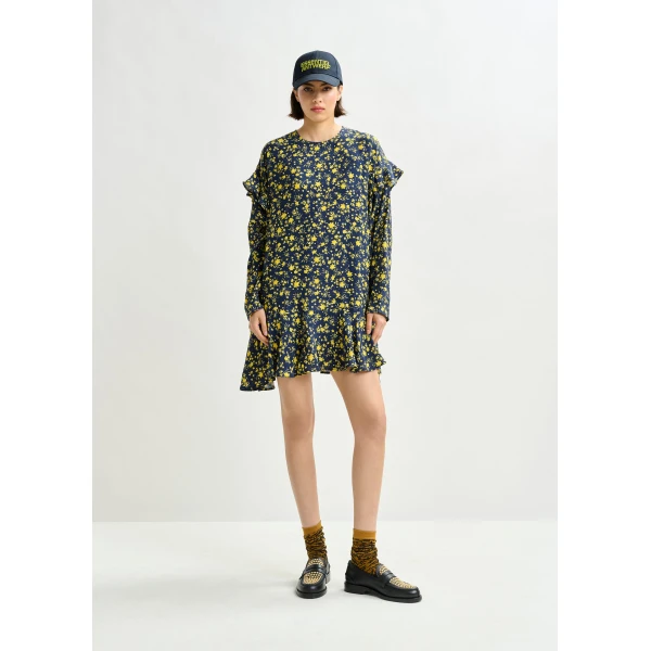 Essentiel Antwerp Navy and yellow floral minidress with ruffle details Dress, view 2