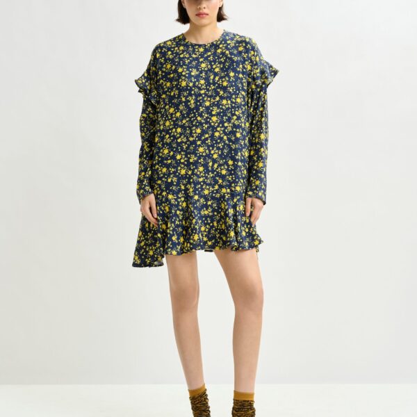 Essentiel Antwerp Navy and yellow floral minidress with ruffle details - Essentiel Antwerp Dresses - Colorful Belgian Design - Shop at Coveti
