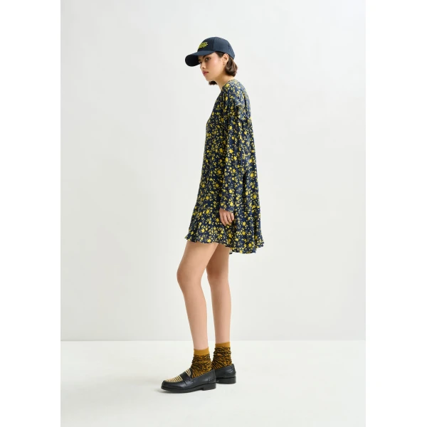 Essentiel Antwerp Navy and yellow floral minidress with ruffle details Dress, view 3