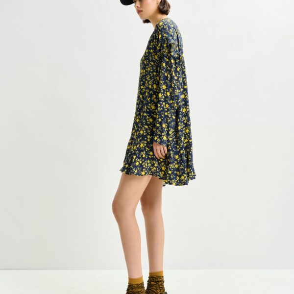 Essentiel Antwerp Navy and yellow floral minidress with ruffle details - Essentiel Antwerp Dresses - Colorful Belgian Design - Shop at Coveti