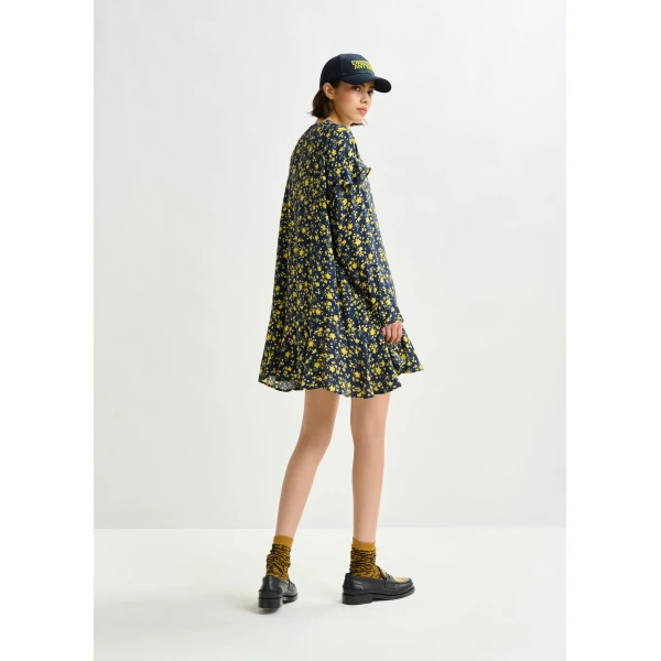 Essentiel Antwerp Navy and yellow floral minidress with ruffle details Dress, view 4