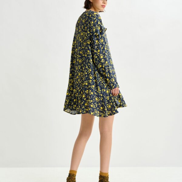 Essentiel Antwerp Navy and yellow floral minidress with ruffle details - Essentiel Antwerp Dresses - Colorful Belgian Design - Shop at Coveti