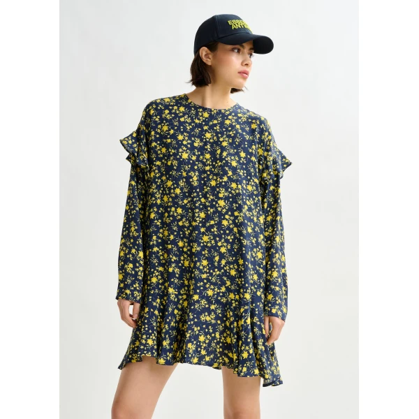 Essentiel Antwerp Navy and yellow floral minidress with ruffle details Dress, view 5