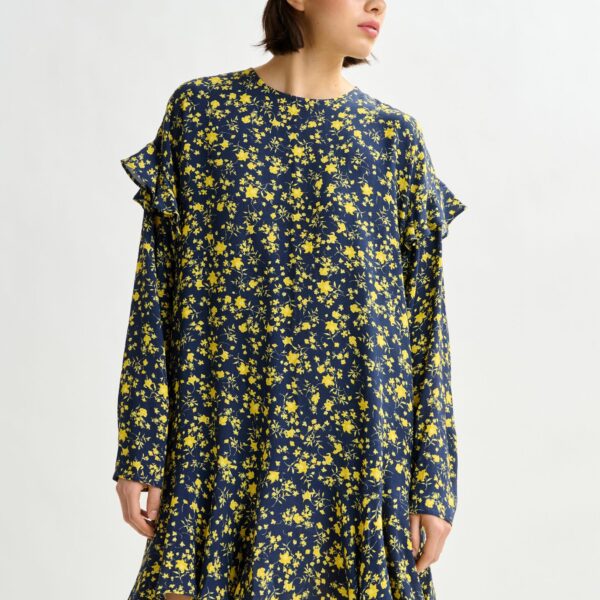 Essentiel Antwerp Navy and yellow floral minidress with ruffle details - Essentiel Antwerp Dresses - Colorful Belgian Design - Shop at Coveti