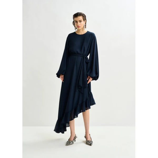 Essentiel Antwerp Navy asymmetrical ruffle-hem maxi dress with pussy-bow tie, view 2
