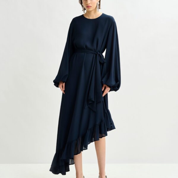 Essentiel Antwerp Navy asymmetrical ruffle-hem maxi dress with pussy-bow tie - Essentiel Antwerp Dresses - Colorful Belgian Design - Shop at Coveti