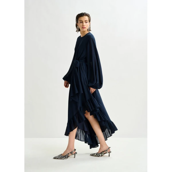 Essentiel Antwerp Navy asymmetrical ruffle-hem maxi dress with pussy-bow tie, view 3