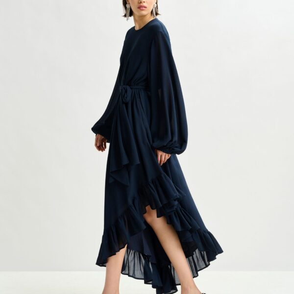 Essentiel Antwerp Navy asymmetrical ruffle-hem maxi dress with pussy-bow tie - Essentiel Antwerp Dresses - Colorful Belgian Design - Shop at Coveti