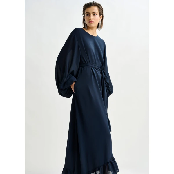 Essentiel Antwerp Navy asymmetrical ruffle-hem maxi dress with pussy-bow tie, view 4