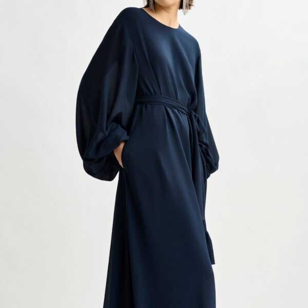 Essentiel Antwerp Navy asymmetrical ruffle-hem maxi dress with pussy-bow tie - Essentiel Antwerp Dresses - Colorful Belgian Design - Shop at Coveti
