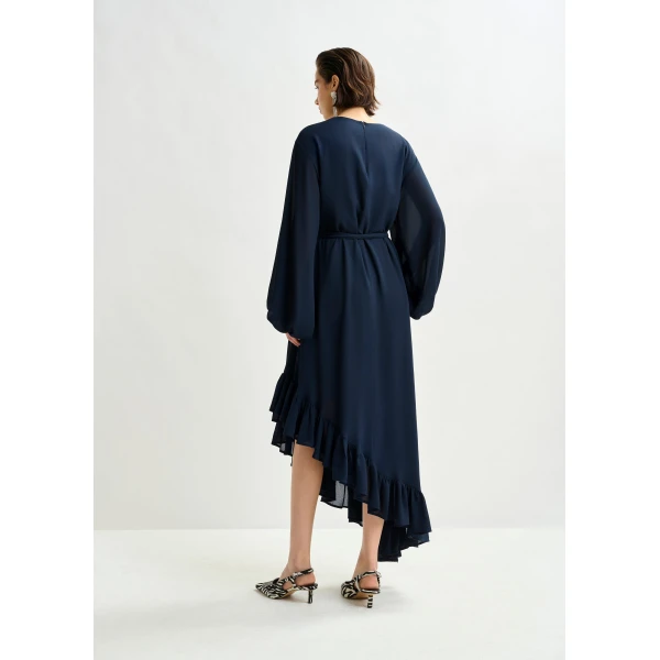 Essentiel Antwerp Navy asymmetrical ruffle-hem maxi dress with pussy-bow tie, view 5