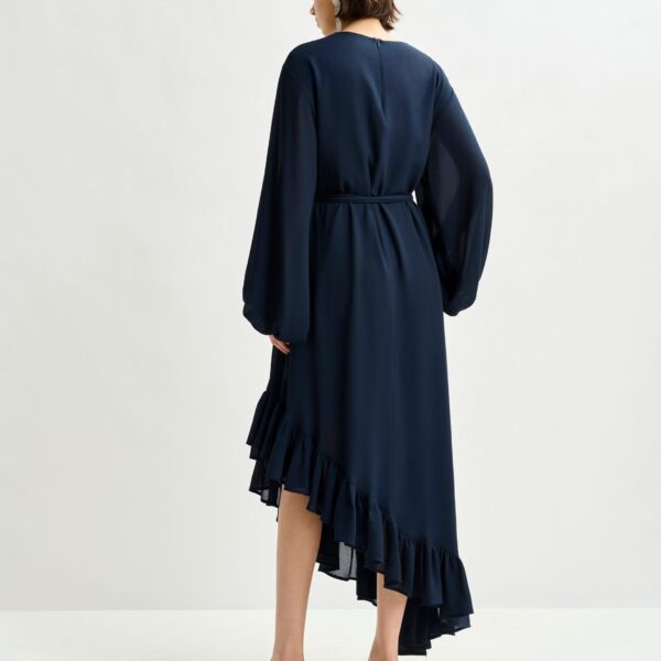 Essentiel Antwerp Navy asymmetrical ruffle-hem maxi dress with pussy-bow tie - Essentiel Antwerp Dresses - Colorful Belgian Design - Shop at Coveti