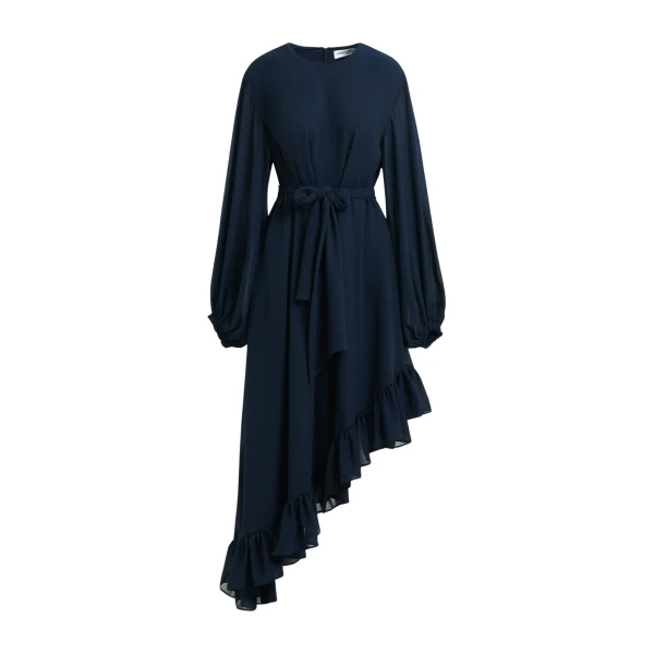 Essentiel Antwerp Navy asymmetrical ruffle-hem maxi dress with pussy-bow tie - Essentiel Antwerp Dresses - Colorful Belgian Design - Shop at Coveti