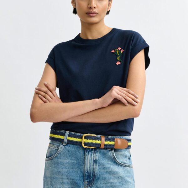 Essentiel Antwerp Navy cotton T-shirt with bead embroidery - Essentiel Antwerp Shirts - Colorful Belgian Design - Shop at Coveti